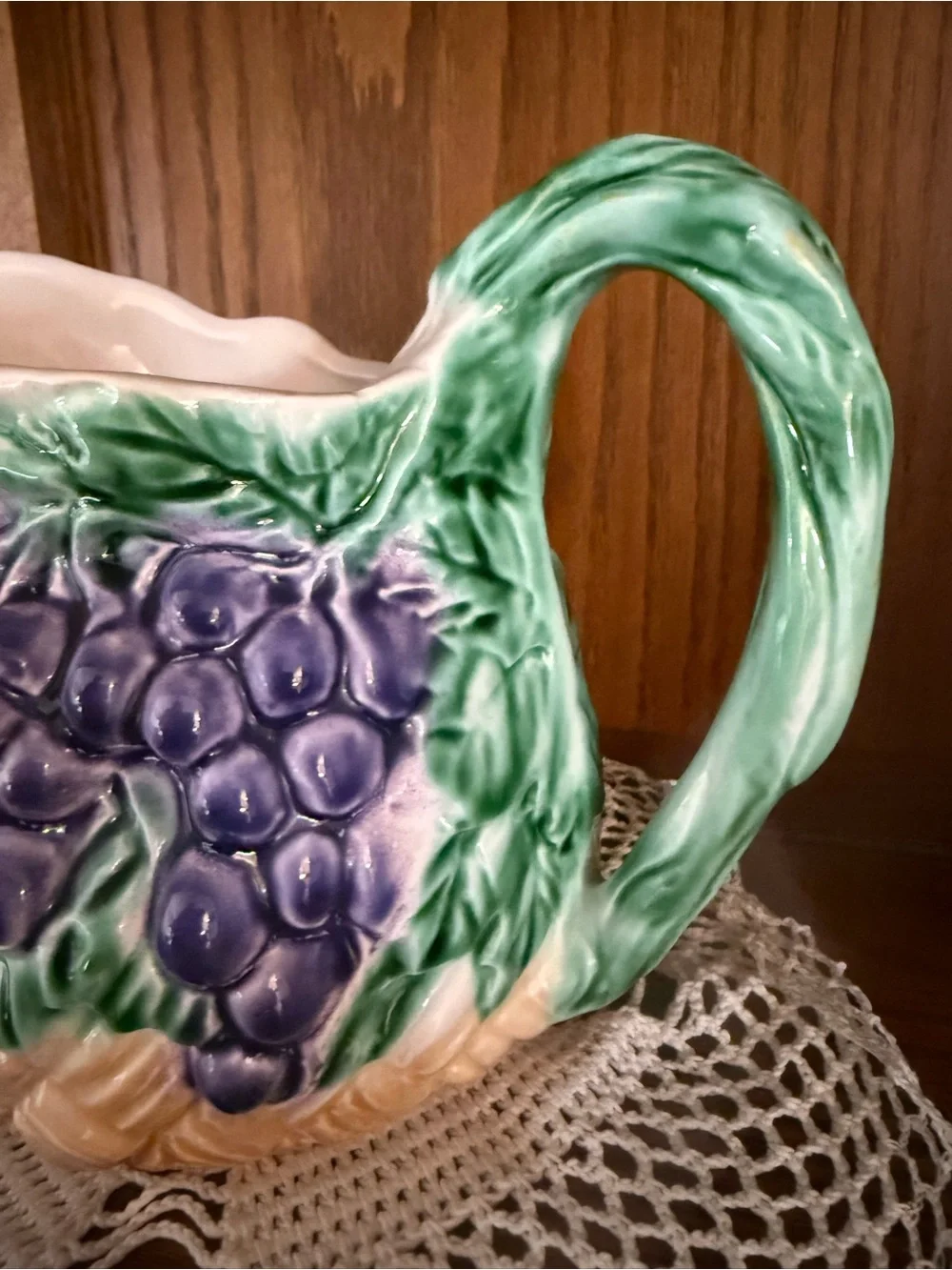 Hand-Painted Grape Ceramic Pitcher in Green, Purple and Tan
